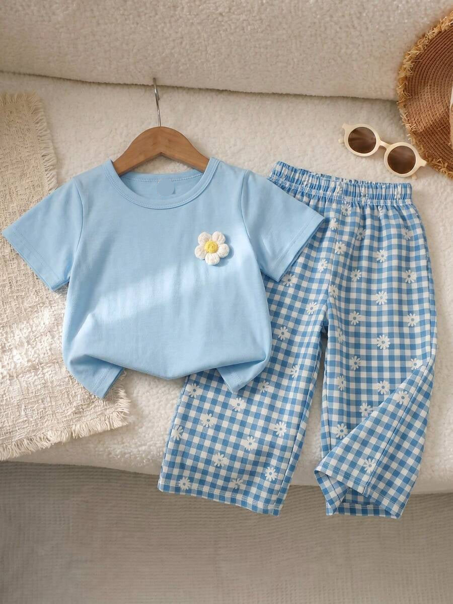 3D Floral T Shirt And Plaid Pants Set For Baby Girls Casual Cute Outfit