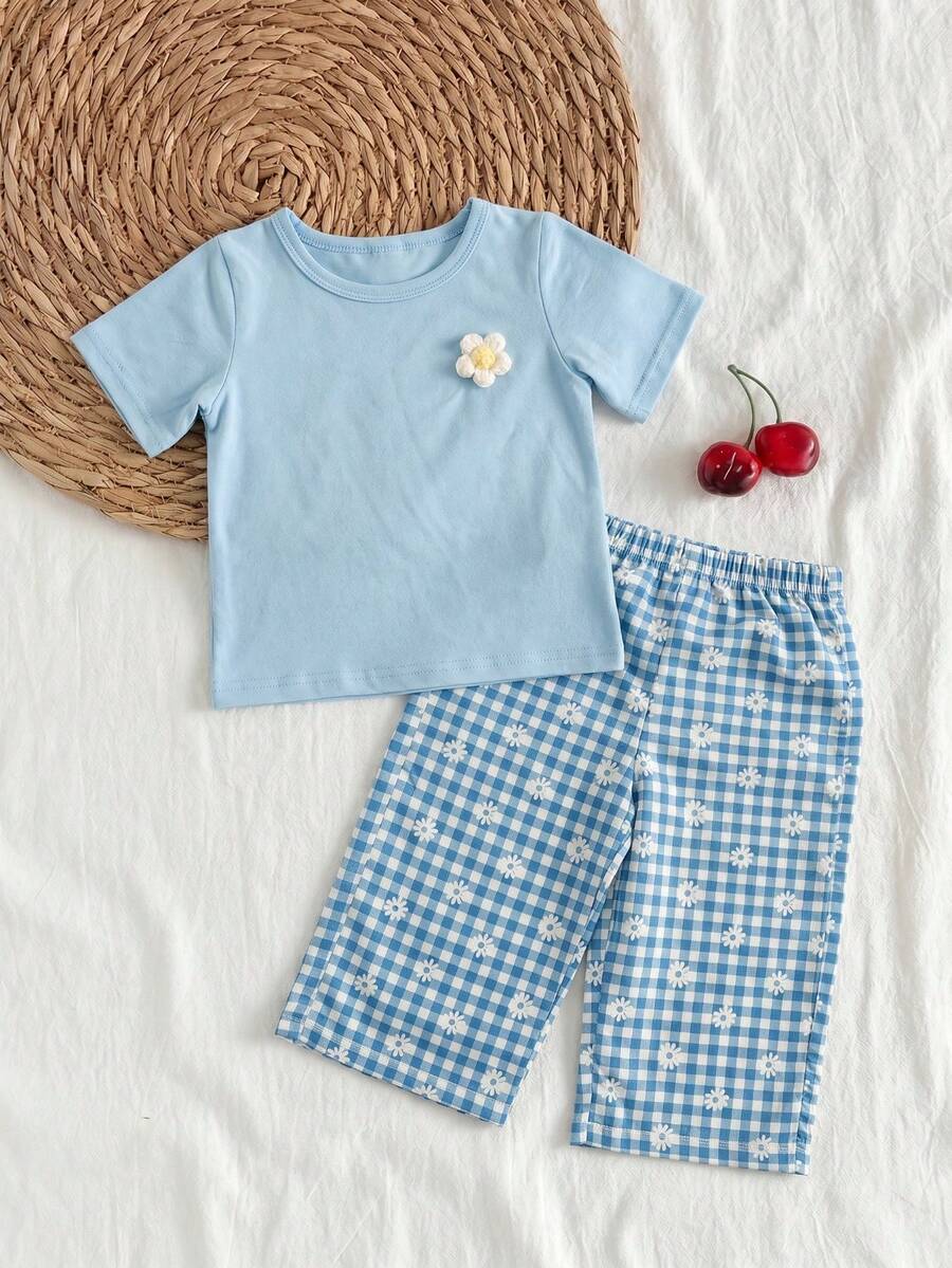 3D Floral T Shirt And Plaid Pants Set For Baby Girls Casual Cute Outfit