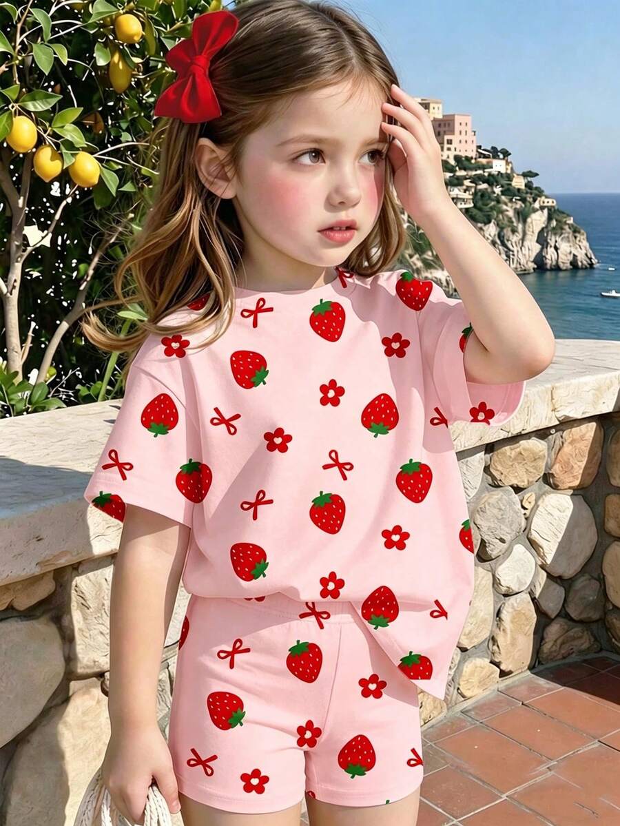 Lemon Fruit & Letter Print Short Sleeve Top and Shorts Set for Baby Girls