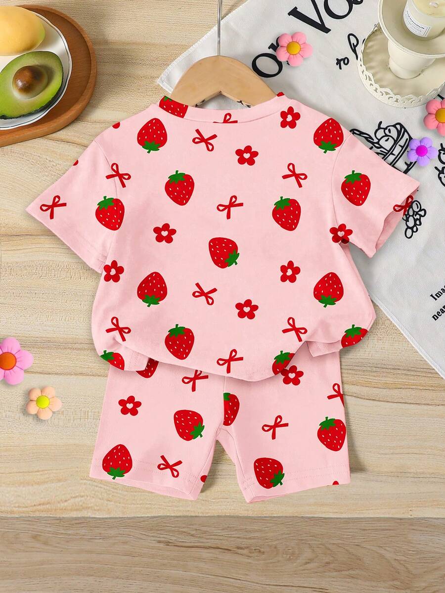 Lemon Fruit & Letter Print Short Sleeve Top and Shorts Set for Baby Girls