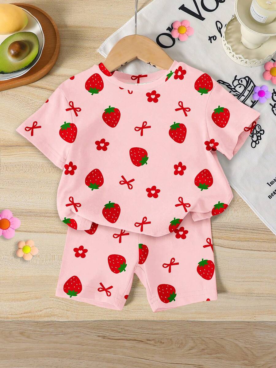 Lemon Fruit & Letter Print Short Sleeve Top and Shorts Set for Baby Girls