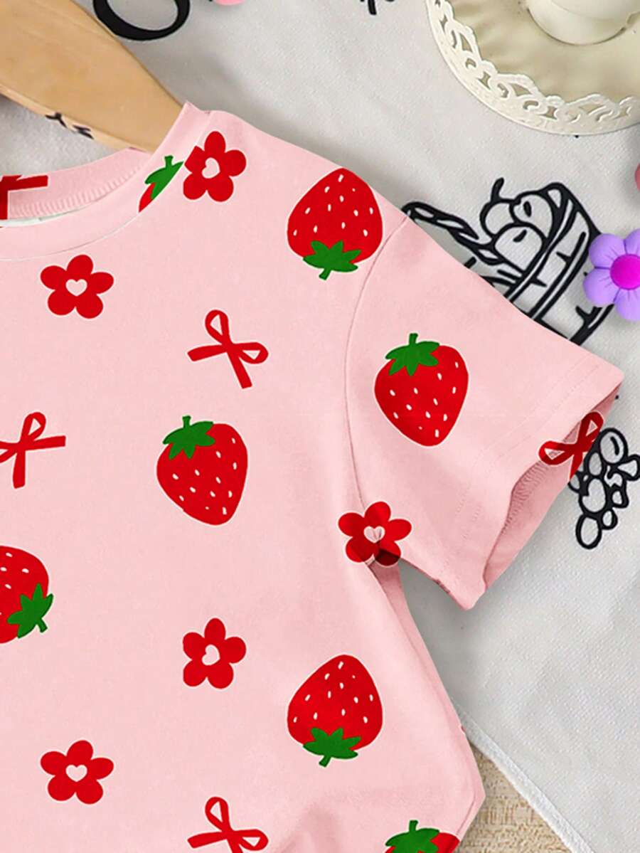 Lemon Fruit & Letter Print Short Sleeve Top and Shorts Set for Baby Girls