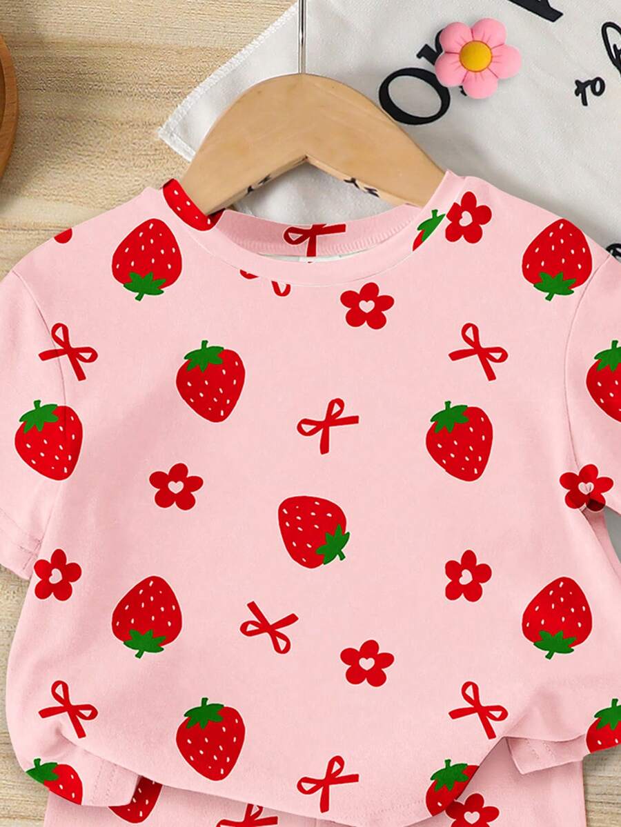 Lemon Fruit & Letter Print Short Sleeve Top and Shorts Set for Baby Girls