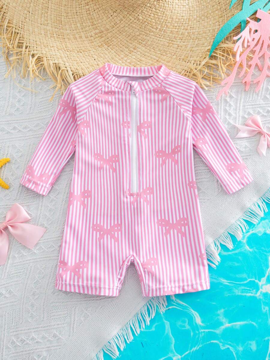 Baby Striped Dolphin Print One-Piece Swimsuit for Beach Vacation and Pool Days
