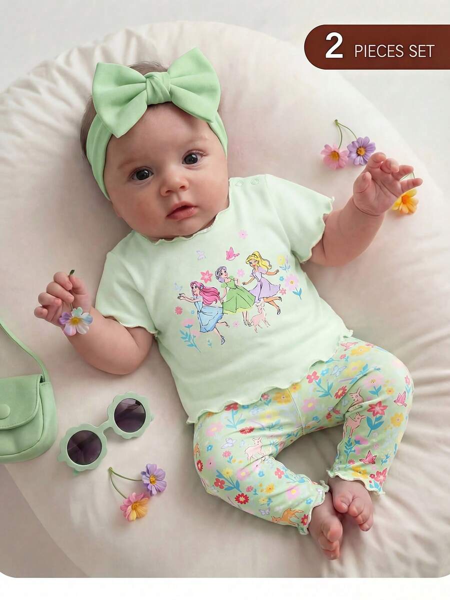 2PCS Baby Daisy Print T-Shirt and Shorts Set for Summer Daily Wear