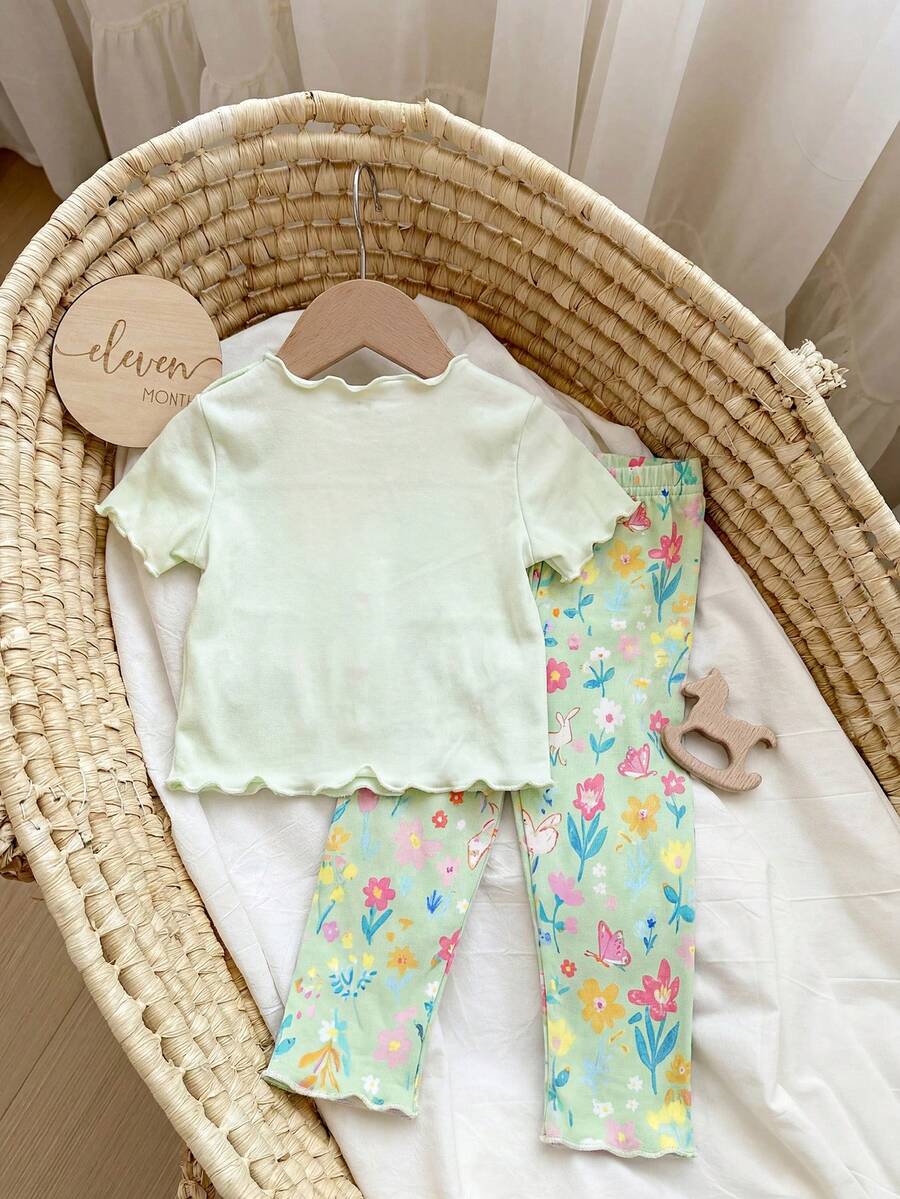 2PCS Baby Daisy Print T-Shirt and Shorts Set for Summer Daily Wear