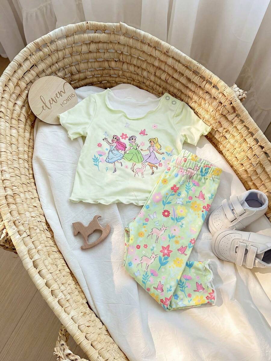 2PCS Baby Daisy Print T-Shirt and Shorts Set for Summer Daily Wear