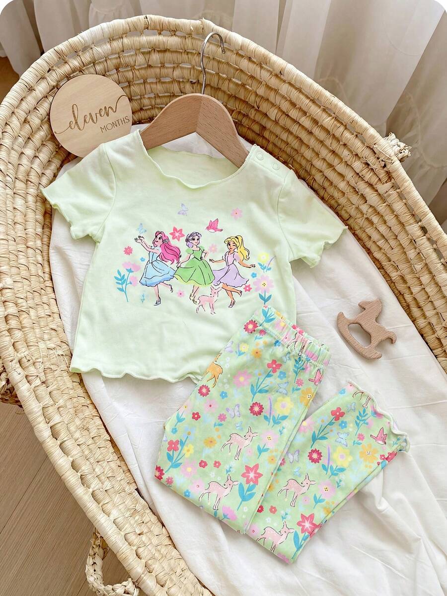 2PCS Baby Daisy Print T-Shirt and Shorts Set for Summer Daily Wear