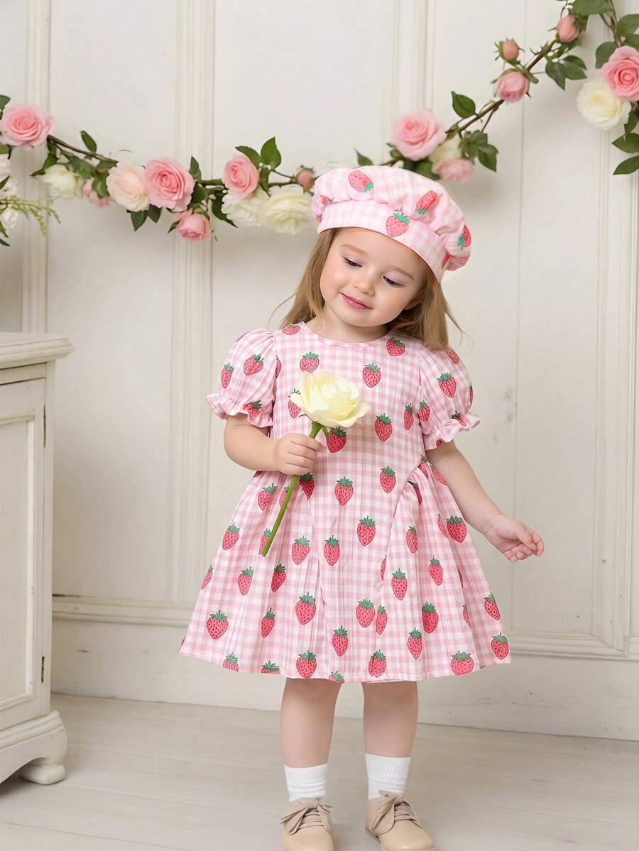 Baby Girls Cherry Plaid Dress And Beret Hat Set Cute Summer Vacation Outfit