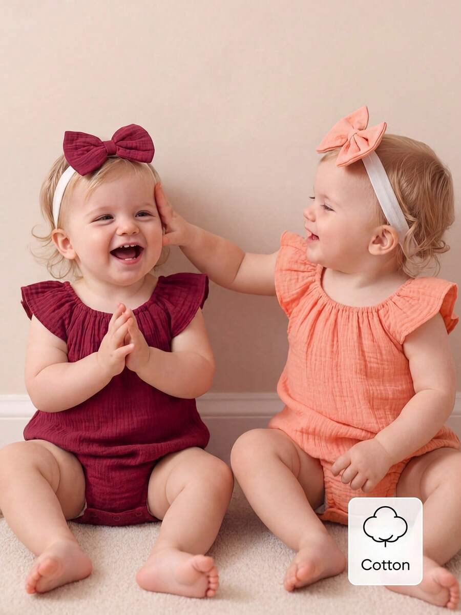 Baby Floral and Grass Print Ruffle Sleeve Romper with Headband for Summer Outings