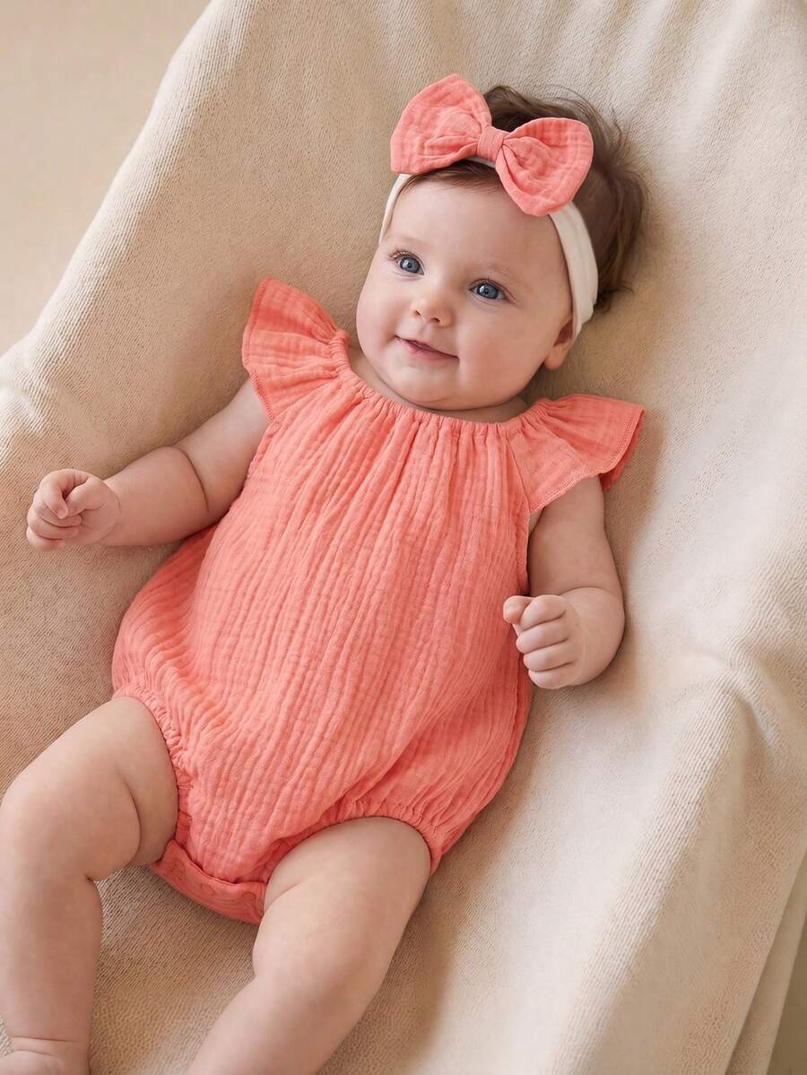 Baby Floral and Grass Print Ruffle Sleeve Romper with Headband for Summer Outings
