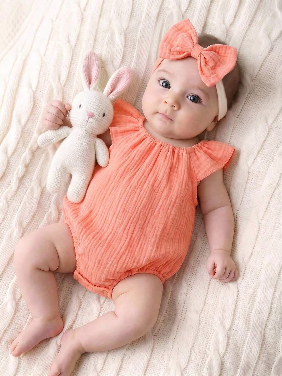 Baby Floral and Grass Print Ruffle Sleeve Romper with Headband for Summer Outings