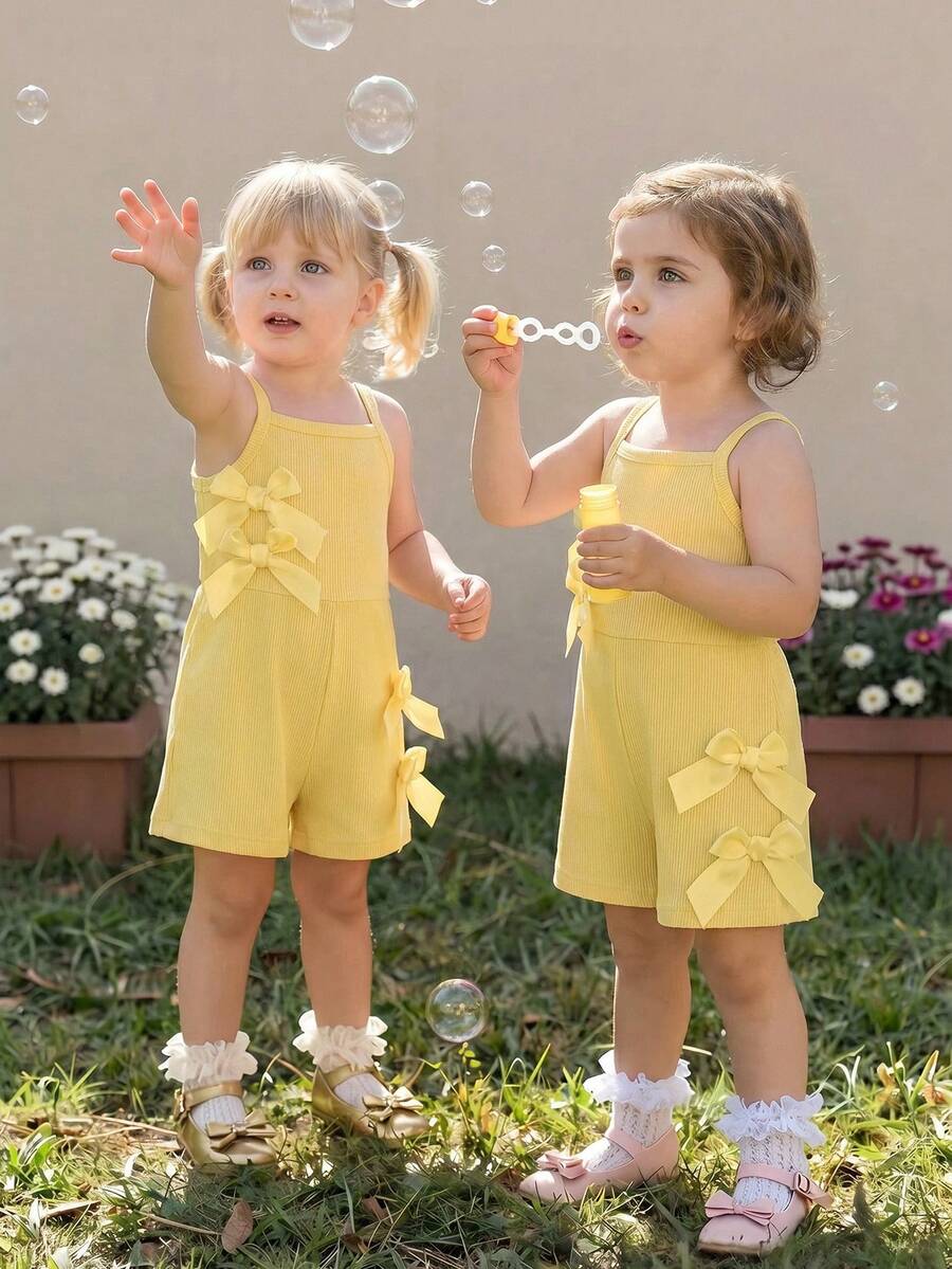 Cute Baby Girl Sleeveless Ribbed Short Jumpsuit With Bow Detail Casual Summer Wear