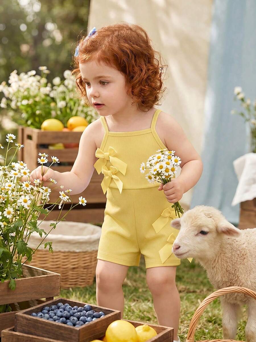 Cute Baby Girl Sleeveless Ribbed Short Jumpsuit With Bow Detail Casual Summer Wear