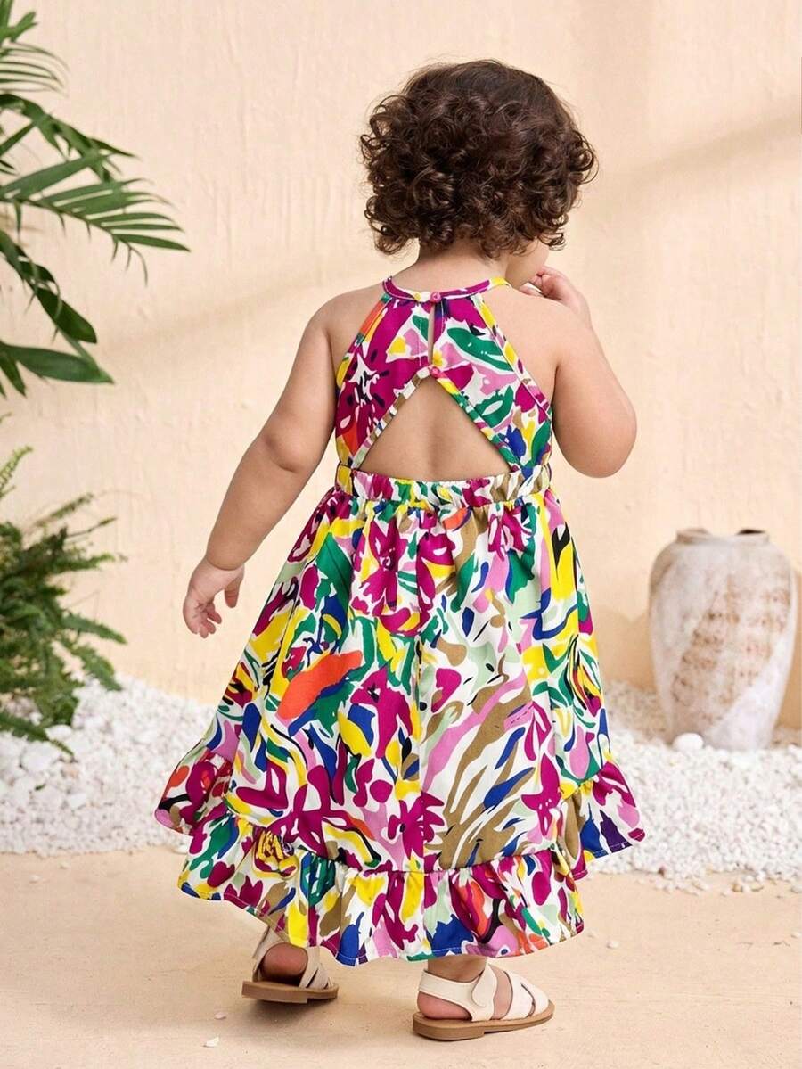 Little Girls Tropical Halter Sundress With High Low Hem Beach Vacation Wear