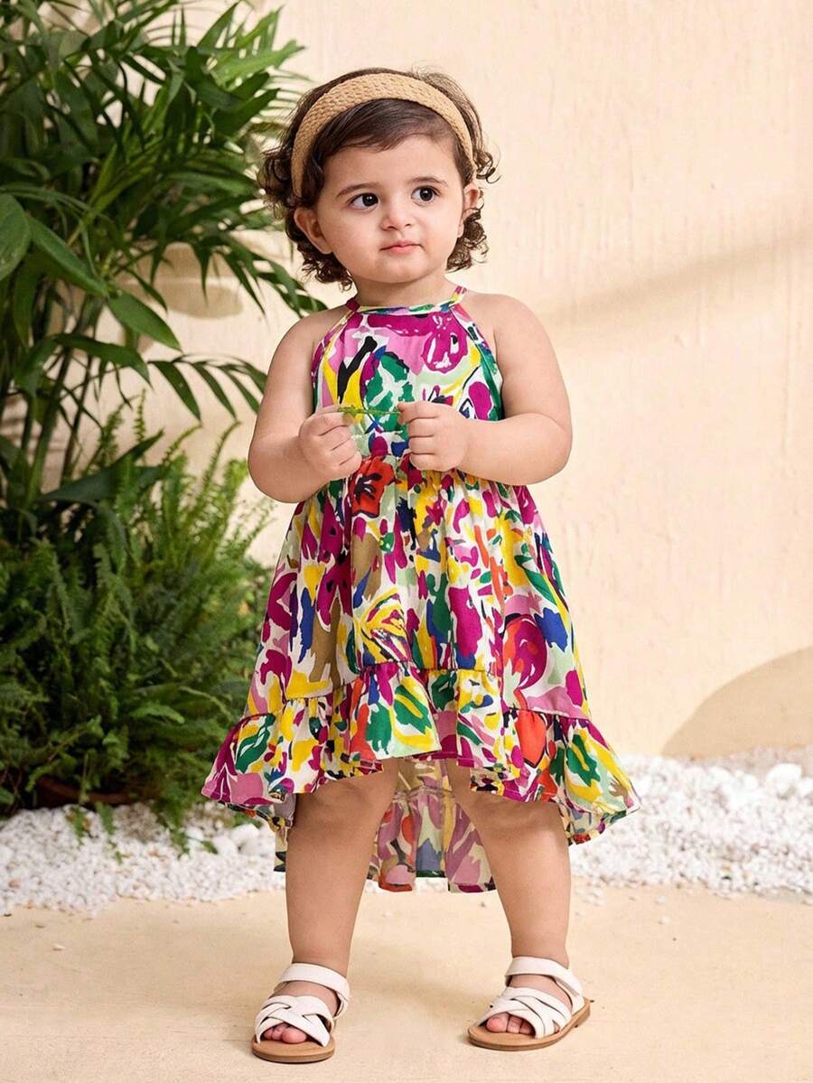 Little Girls Tropical Halter Sundress With High Low Hem Beach Vacation Wear
