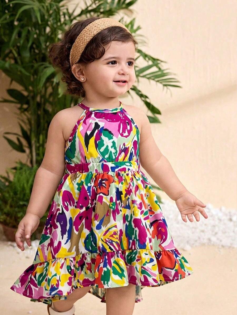 Little Girls Tropical Halter Sundress With High Low Hem Beach Vacation Wear