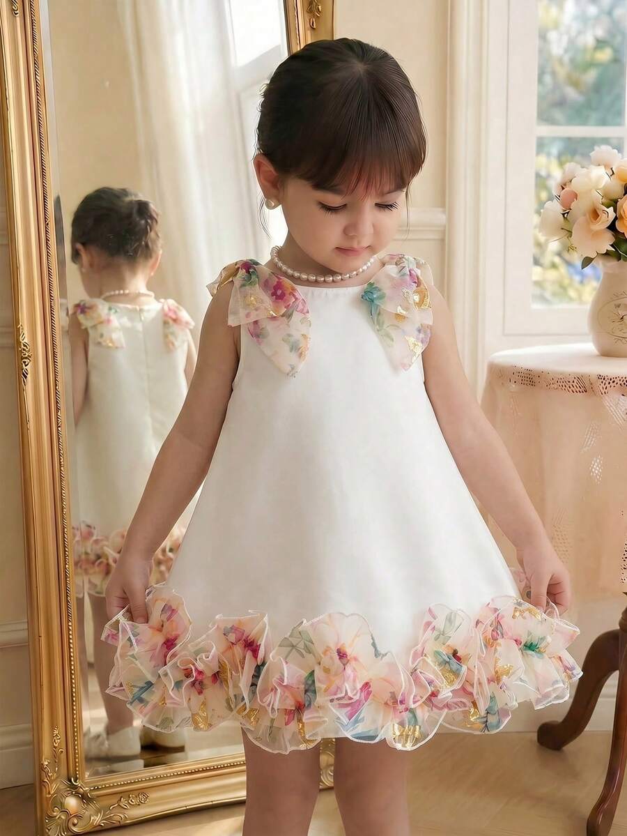 Little Girls Backless Floral Tulle Dress Sweet A Line Princess Party Wear