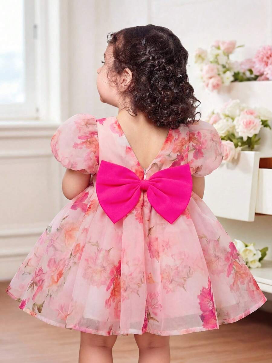 Pink Floral Mesh Embroidered Short Sleeve Dress for Baby Girls