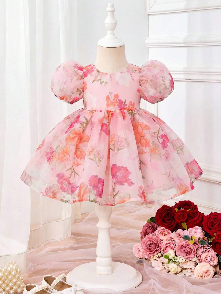 Pink Floral Mesh Embroidered Short Sleeve Dress for Baby Girls
