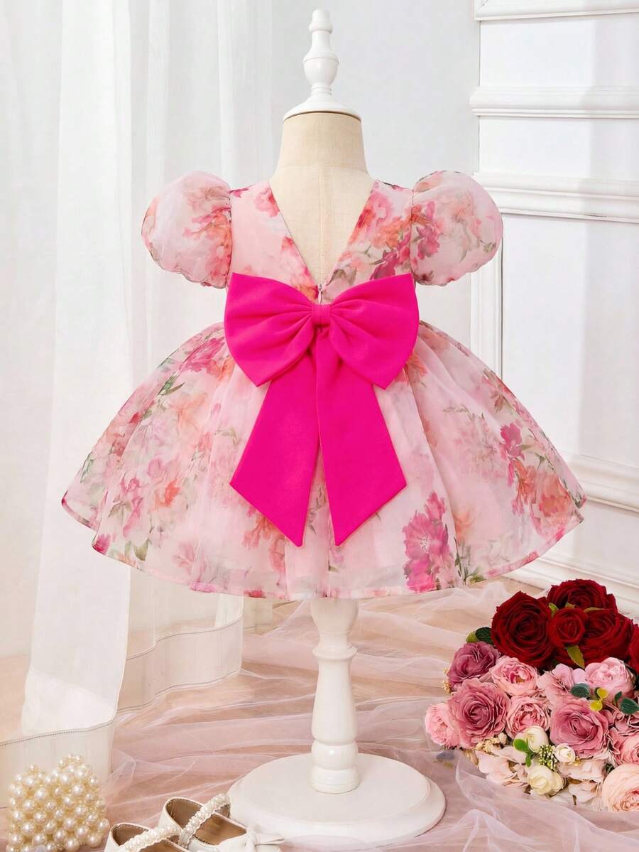 Pink Floral Mesh Embroidered Short Sleeve Dress for Baby Girls
