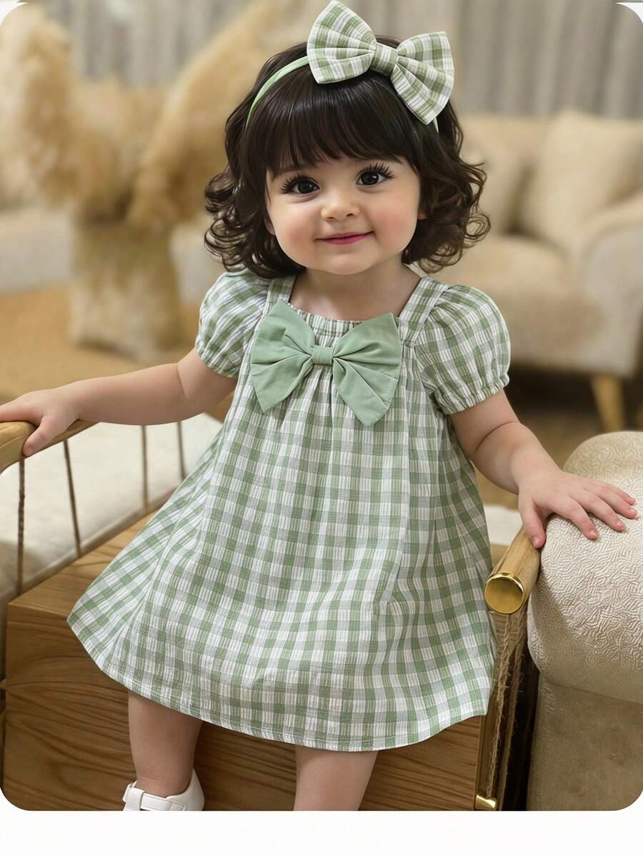 Baby Girl Plaid Bow Detail Short Sleeve Dress Cute Summer Vacation Outfit