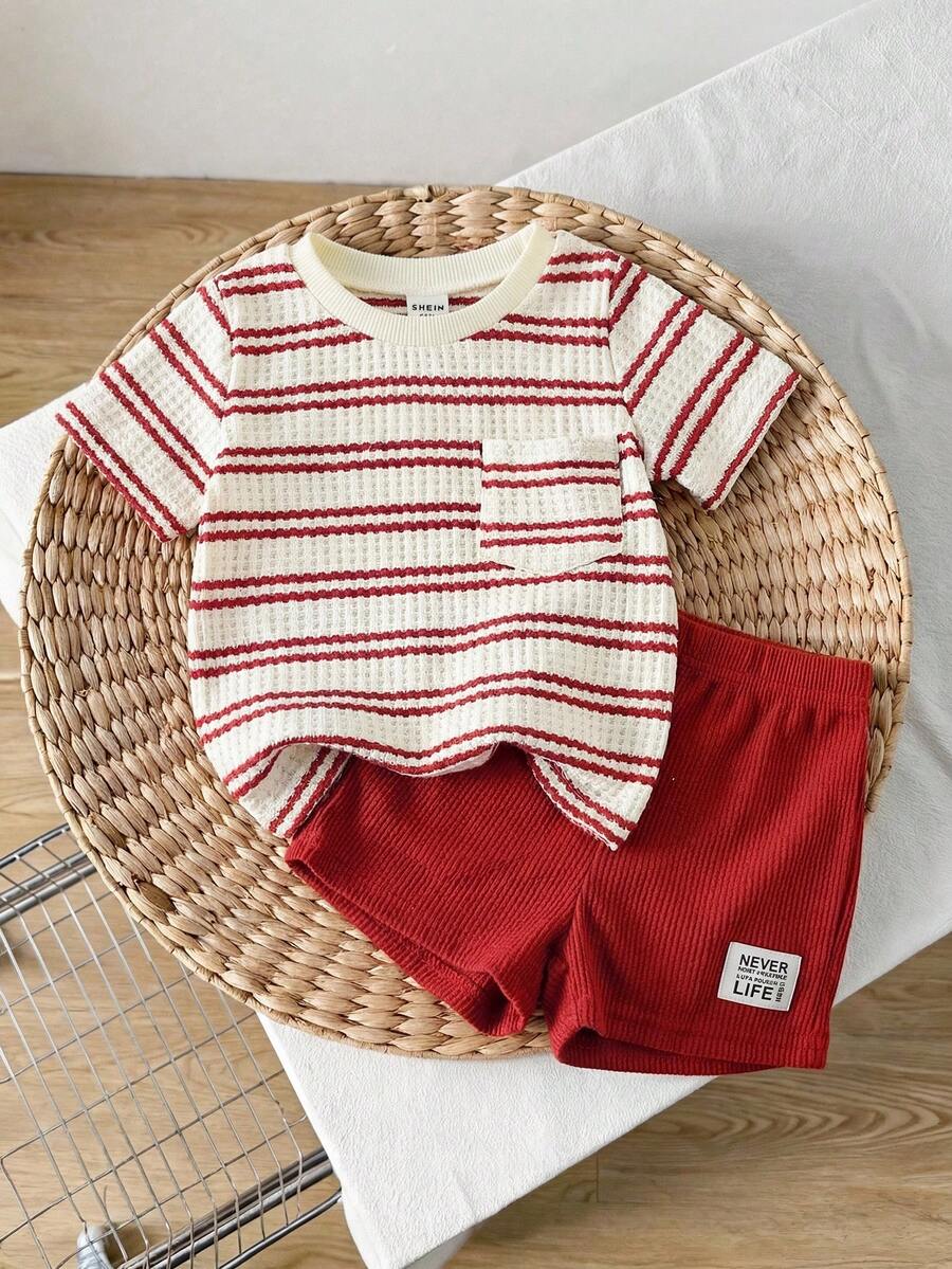 Infant Toddler Boys' Summer Outfit: Striped Waffle Tee and Letter Patch Shorts