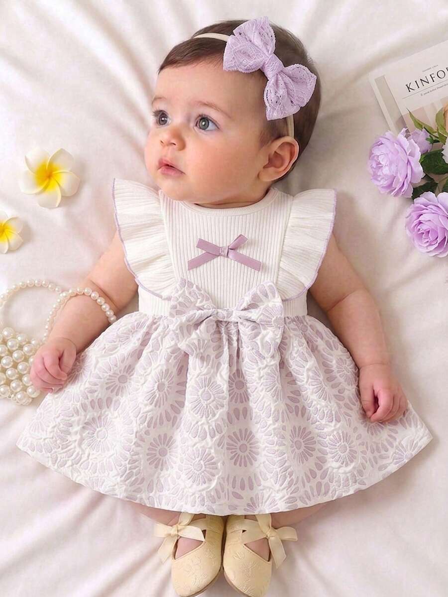 Baby Lace Collar Pink Bow Dress for Elegant Retro Summer Wear
