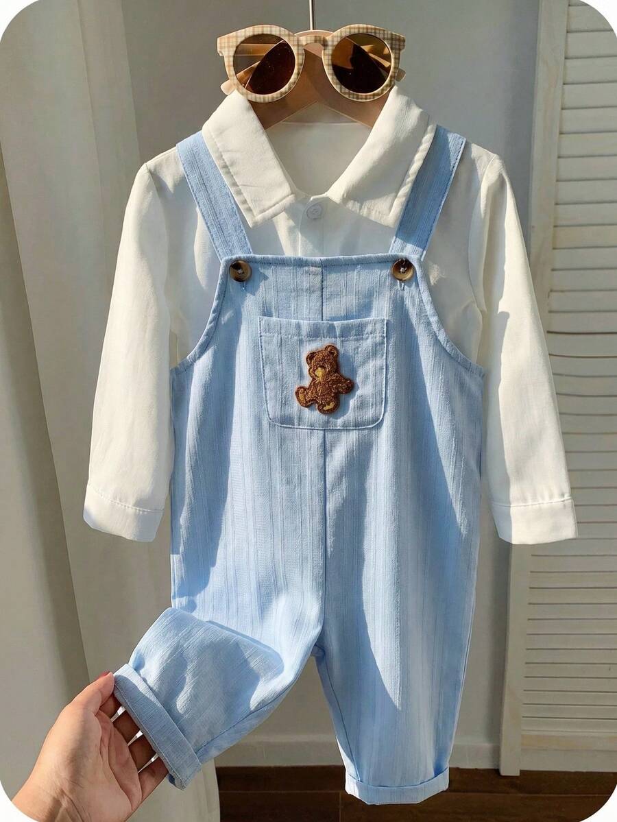 Striped Baby Boys Jumpsuit With Cartoon Bear Design Casual Kids Outfit