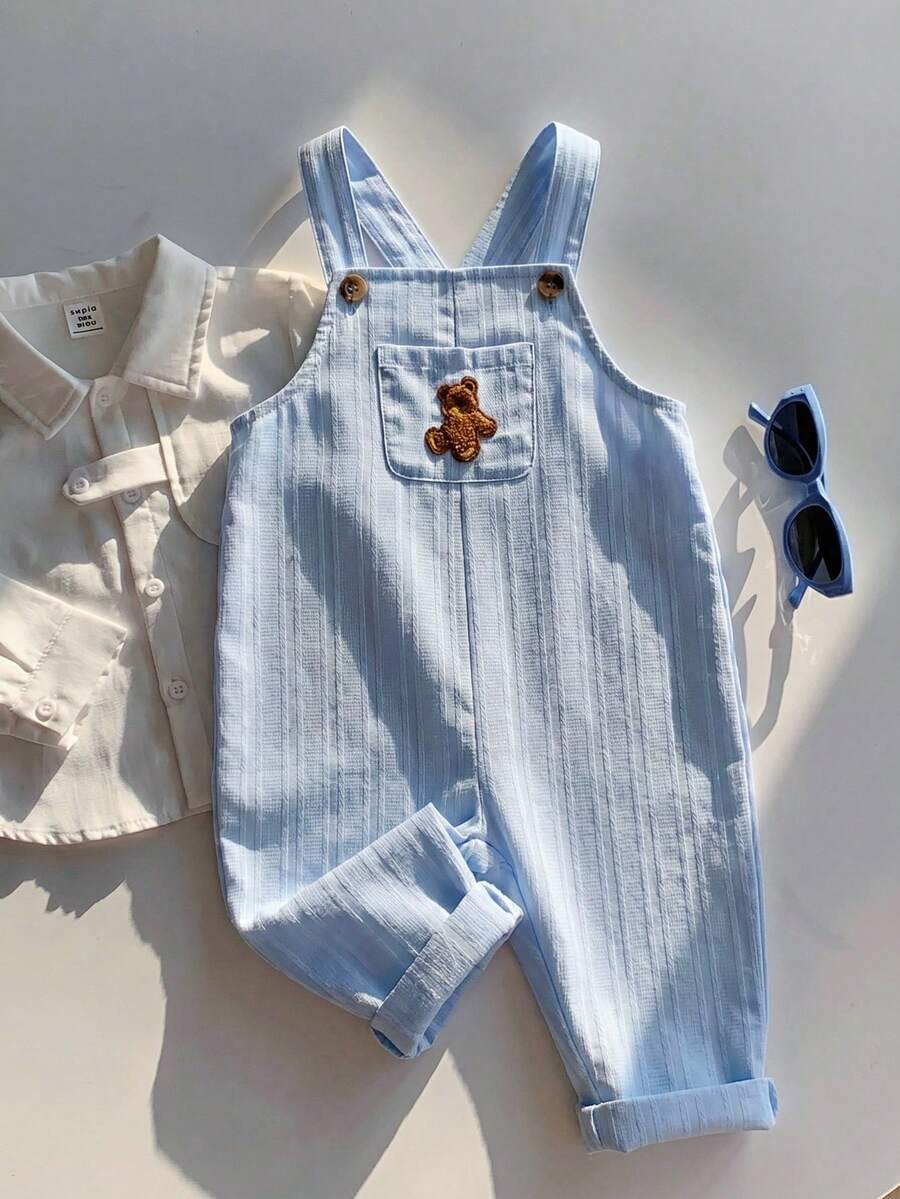 Striped Baby Boys Jumpsuit With Cartoon Bear Design Casual Kids Outfit