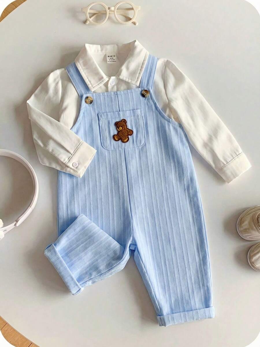 Striped Baby Boys Jumpsuit With Cartoon Bear Design Casual Kids Outfit