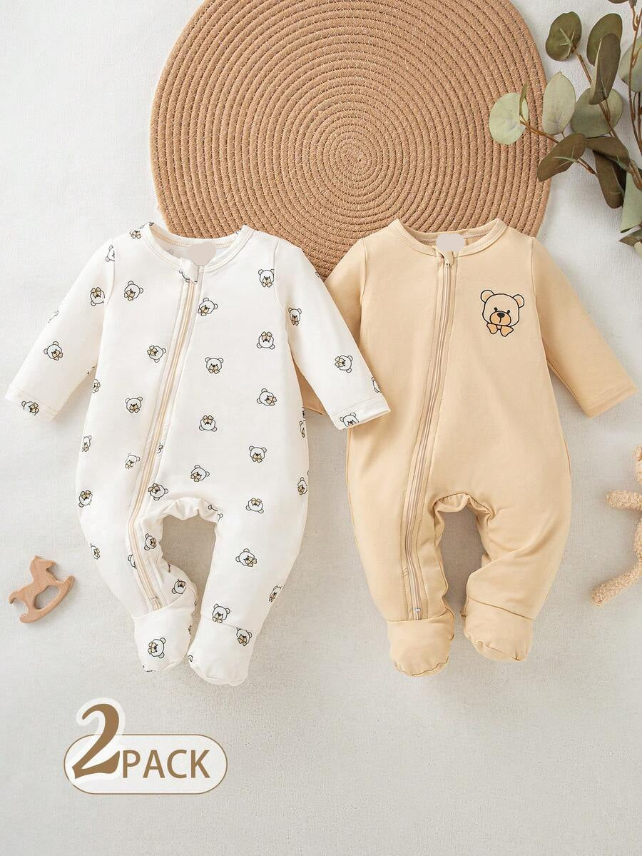 2PCS Baby Elephant Print Long Sleeve Romper Set for Cozy Autumn and Winter Wear