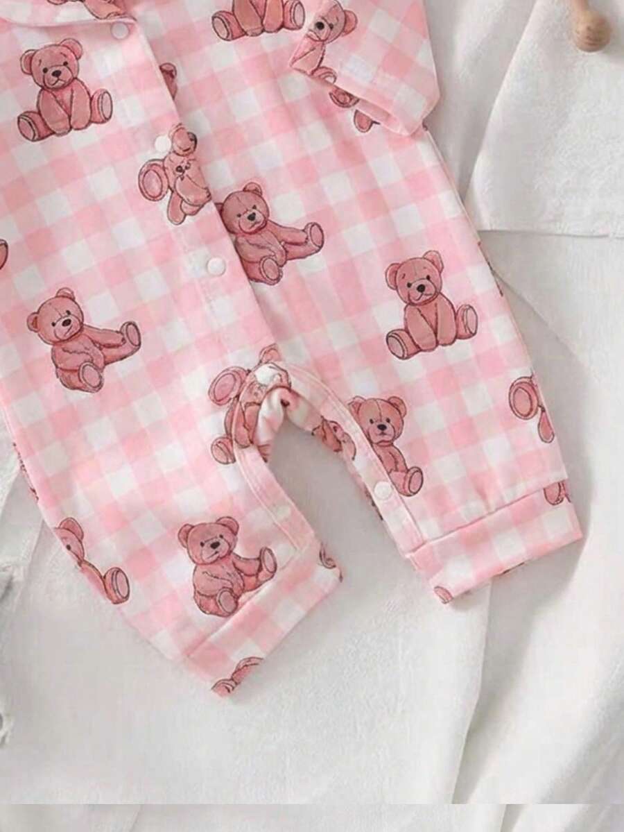 Baby Boy Bear Print Romper and Pants Set with Long Sleeve Snap Up Design
