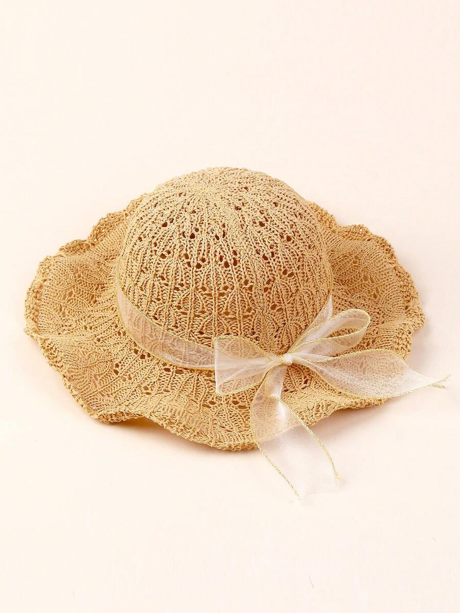 1pc Large Brim Lace Bow Sun Hat for Kids Outdoor Wear