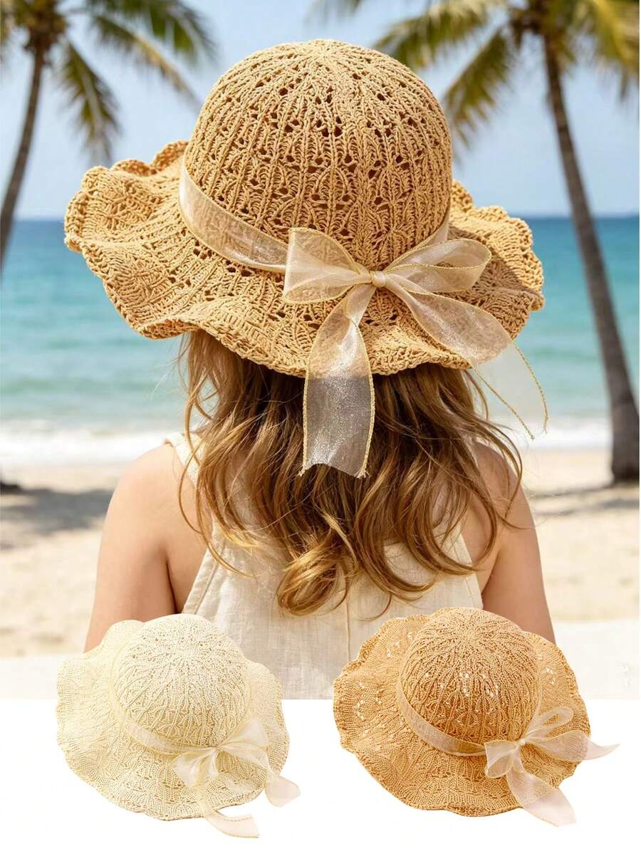 1pc Large Brim Lace Bow Sun Hat for Kids Outdoor Wear