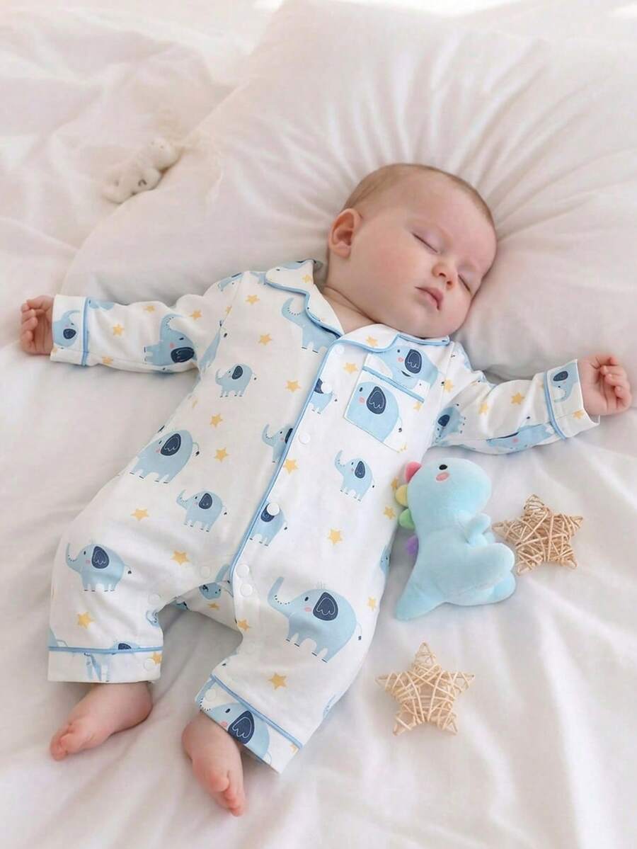 Baby Boy Bear Print Romper and Pants Set with Long Sleeve Snap Up Design