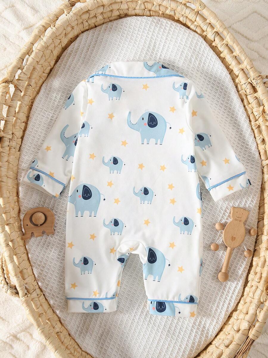 Baby Boy Bear Print Romper and Pants Set with Long Sleeve Snap Up Design