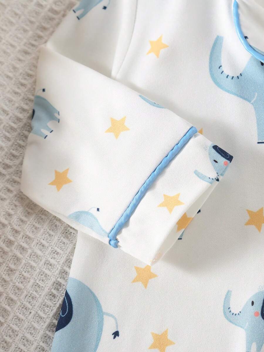Baby Boy Bear Print Romper and Pants Set with Long Sleeve Snap Up Design