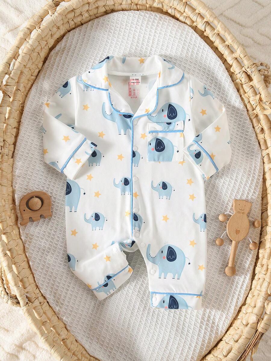 Baby Boy Bear Print Romper and Pants Set with Long Sleeve Snap Up Design