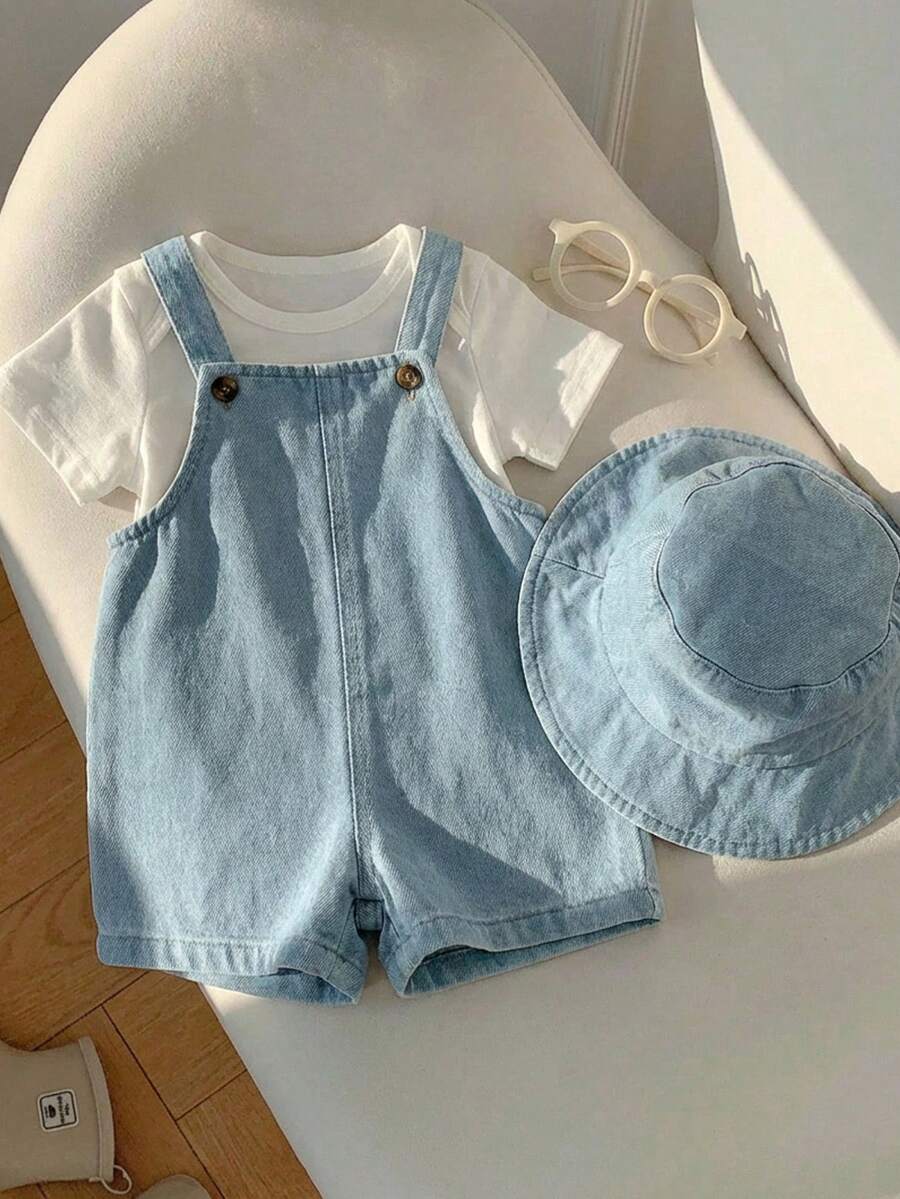 Baby Striped Bib Overalls and Bucket Hat 2 Piece Casual Summer Beach Outfit Set
