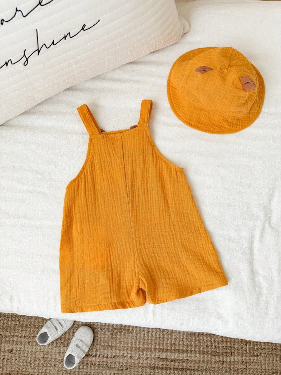 Baby Striped Bib Overalls and Bucket Hat 2 Piece Casual Summer Beach Outfit Set