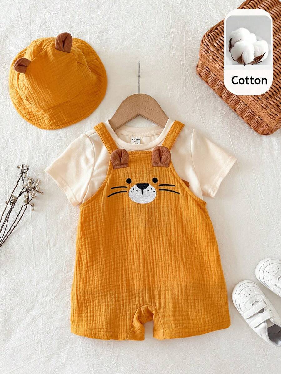 Baby Striped Bib Overalls and Bucket Hat 2 Piece Casual Summer Beach Outfit Set