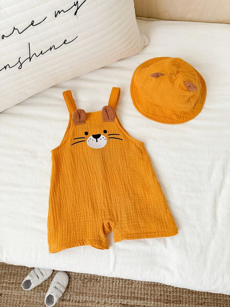 Baby Striped Bib Overalls and Bucket Hat 2 Piece Casual Summer Beach Outfit Set