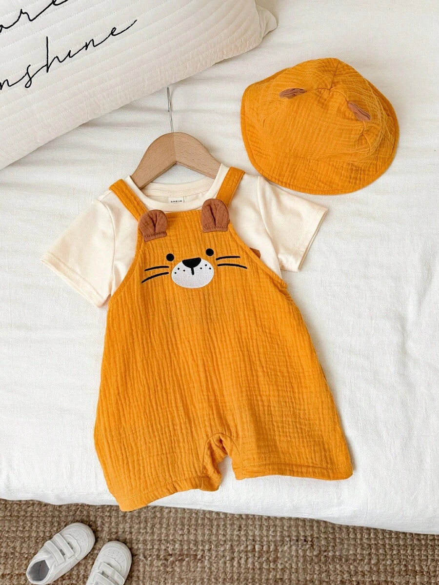 Baby Striped Bib Overalls and Bucket Hat 2 Piece Casual Summer Beach Outfit Set