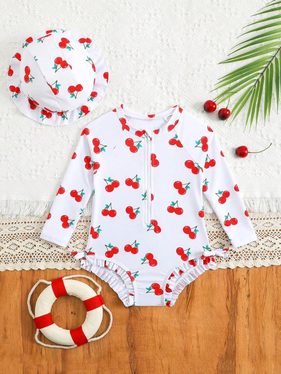 Baby Bow Print Long Sleeve One-Piece Swimsuit Set with Matching Swim Cap