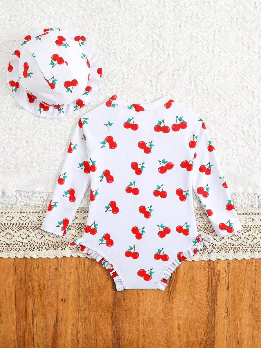 Baby Bow Print Long Sleeve One-Piece Swimsuit Set with Matching Swim Cap