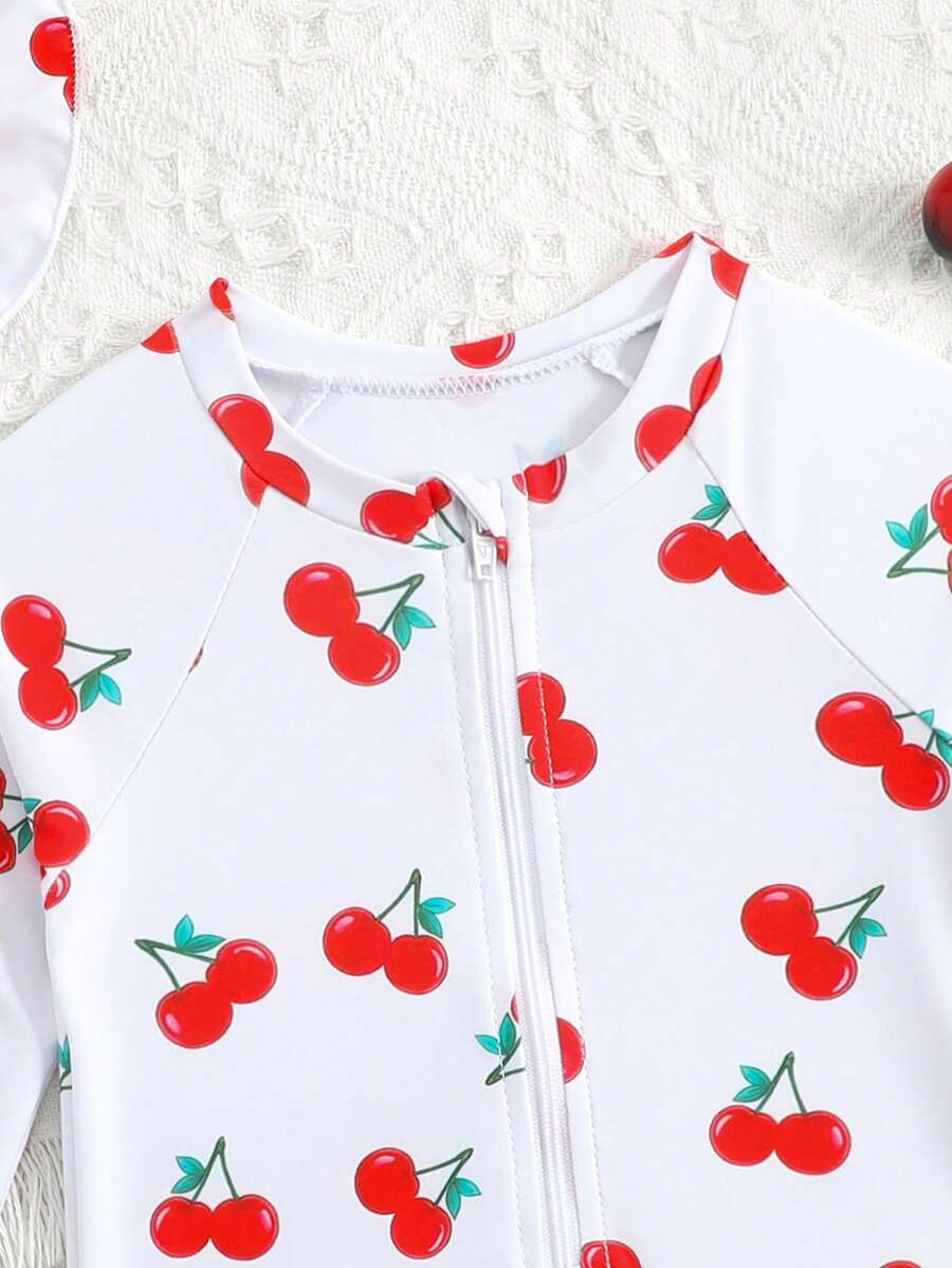 Baby Bow Print Long Sleeve One-Piece Swimsuit Set with Matching Swim Cap