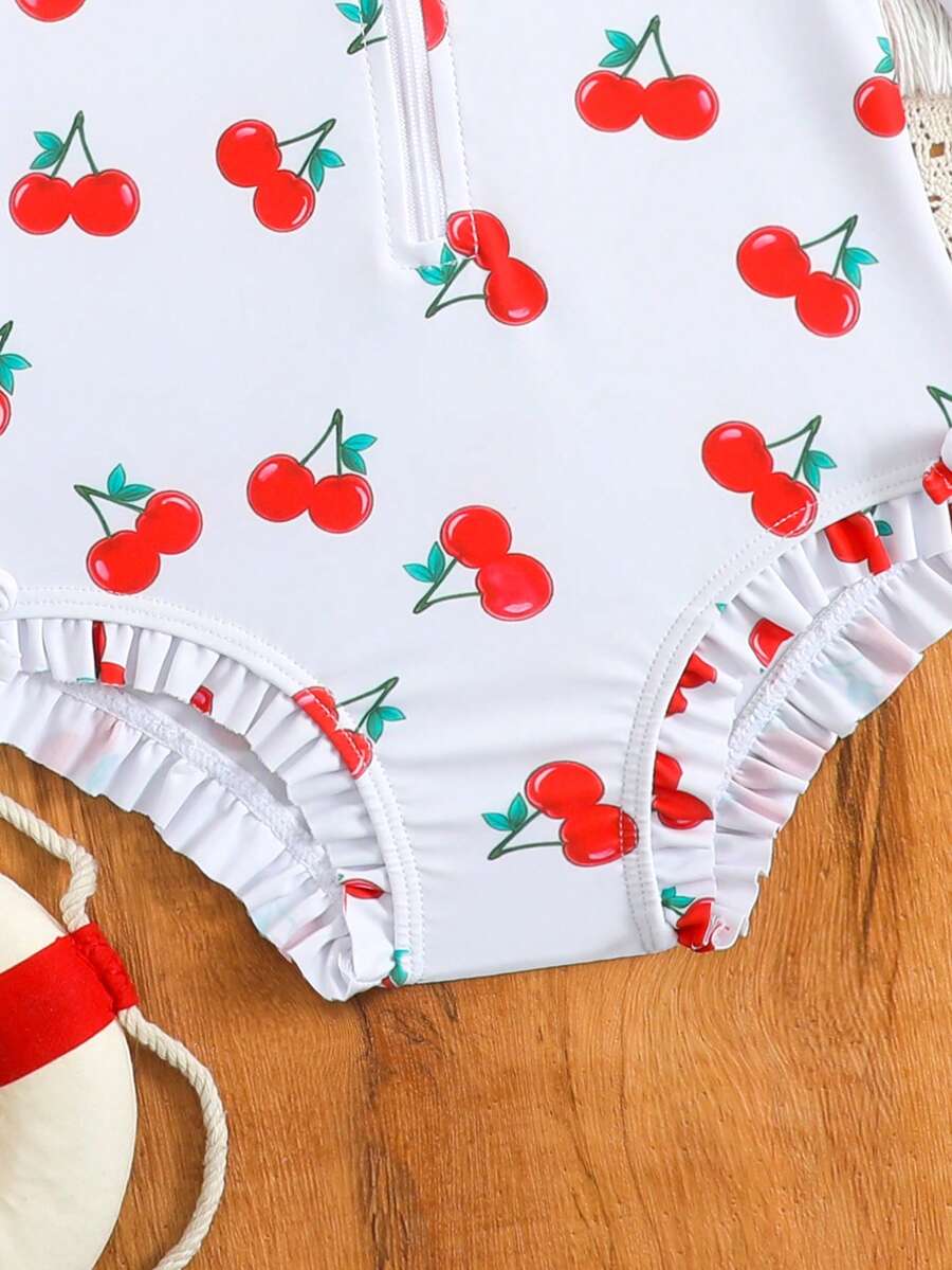 Baby Bow Print Long Sleeve One-Piece Swimsuit Set with Matching Swim Cap