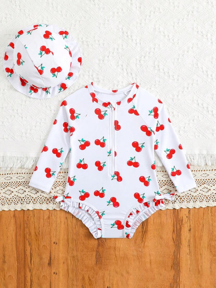 Baby Bow Print Long Sleeve One-Piece Swimsuit Set with Matching Swim Cap