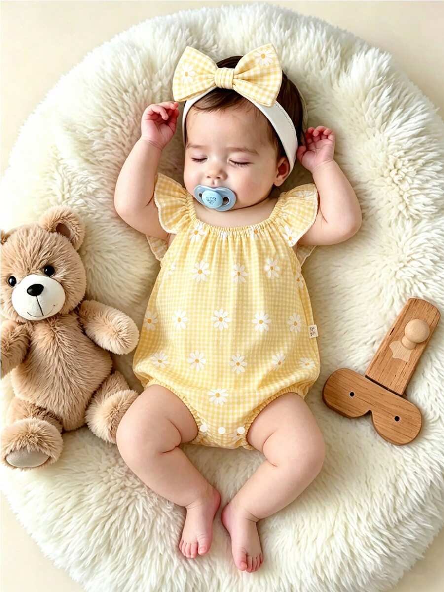Baby Floral and Grass Print Ruffle Sleeve Romper with Headband for Summer Outings